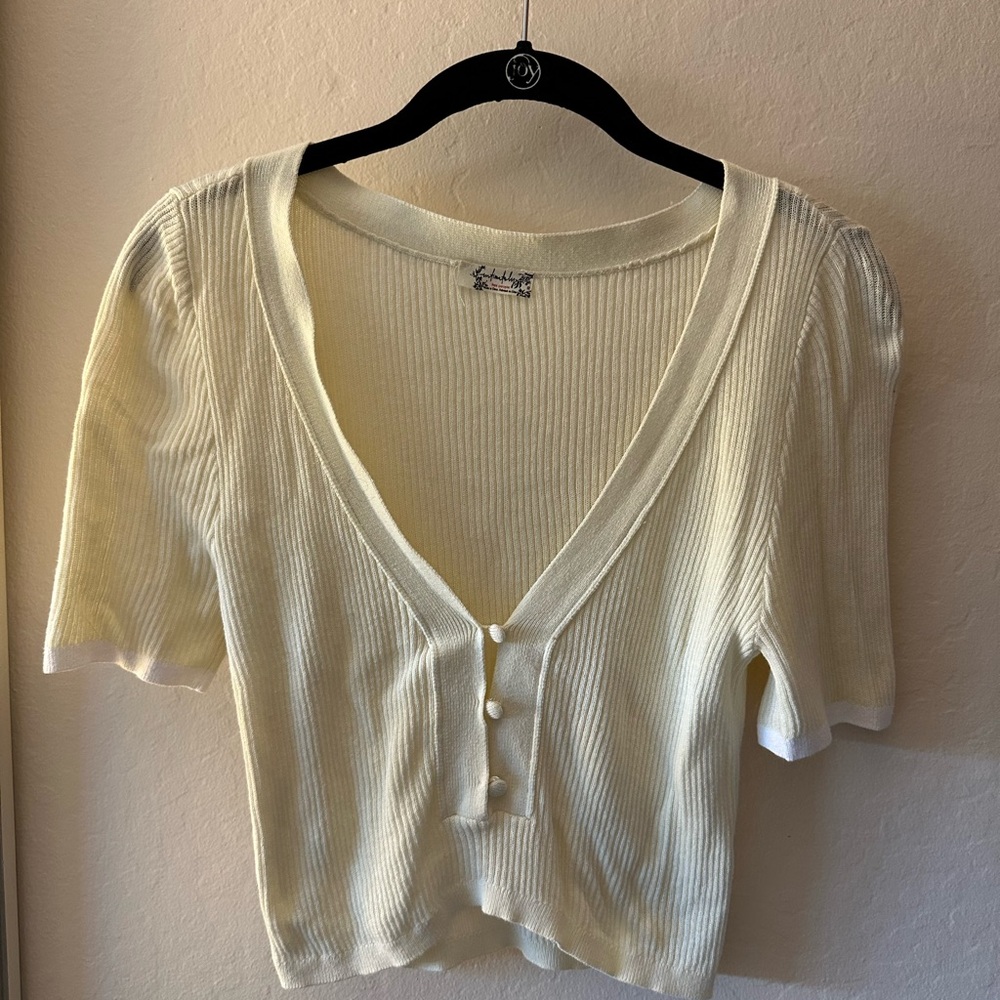 Free People Knit Button-Front Top - Cream